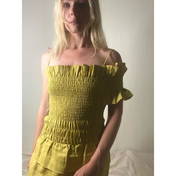 SIR. THE LABEL Mariele One Sleeve Smocked Bust Mustard Linen Mini Dress US SMALL - Picture 9 of 16